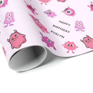 Personalized Pink Cute Custom Girl Monster Wrapping Paper