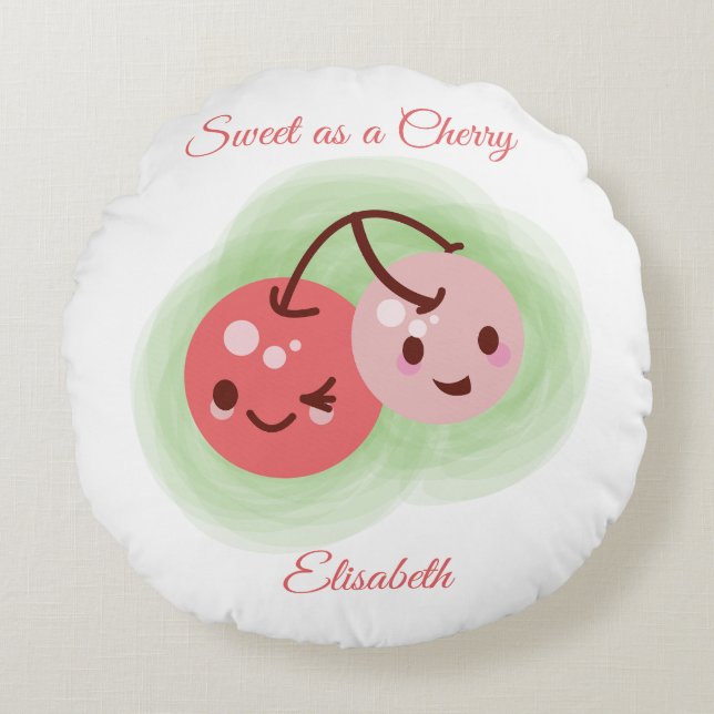 Personalized Pink Cute Pair of Cherries  Round Pillow (Front)
