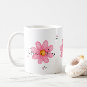 Personalized Pink Daisy Floral Name Custom Design Coffee Mug