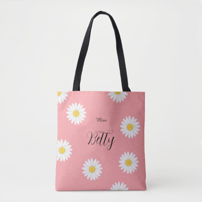 Personalized Pink Daisy Flower Tote Bag (Front)