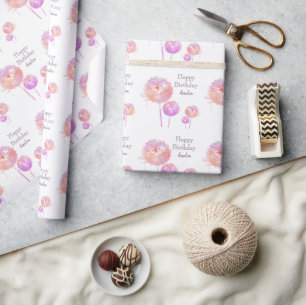 Personalized pink Dandelion Clock Birthday Wrapping Paper