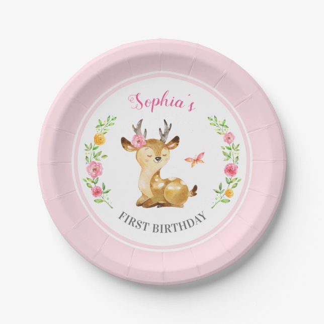 Personalized Pink Deer Girl First Birthday Party Paper Plate (Front)