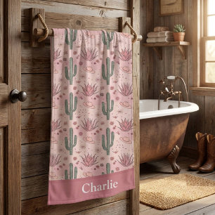 Personalized Pink Desert Cactus Bath Towel