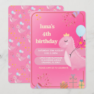 Personalized Pink Dinosaur Birthday Invitation