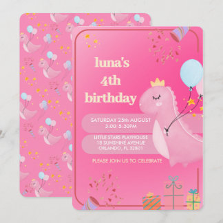 Personalized Pink Dinosaur  Birthday Invitation