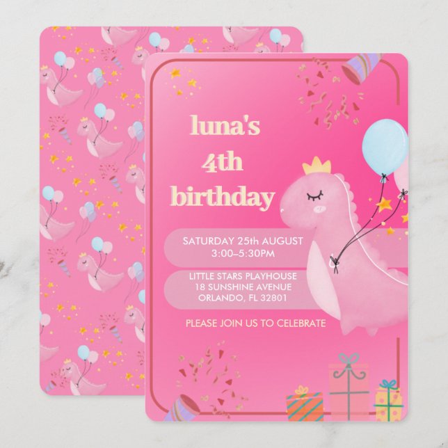 Personalized Pink Dinosaur  Birthday Invitation (Front/Back)