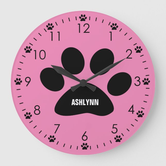 Personalized Pink Dog Paw Large Clock (Front)