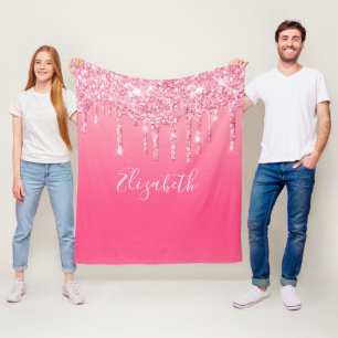 Personalized Pink Dripping Glitter Girly Trendy Fleece Blanket