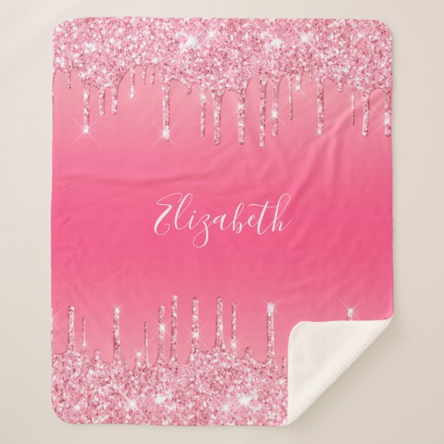 Personalized Pink Dripping Glitter Girly Trendy   Sherpa Blanket (Front)