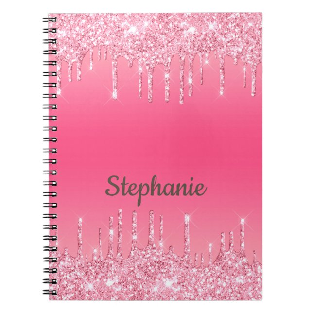 Personalized Pink Dripping Glitter Trendy Glam Notebook (Front)
