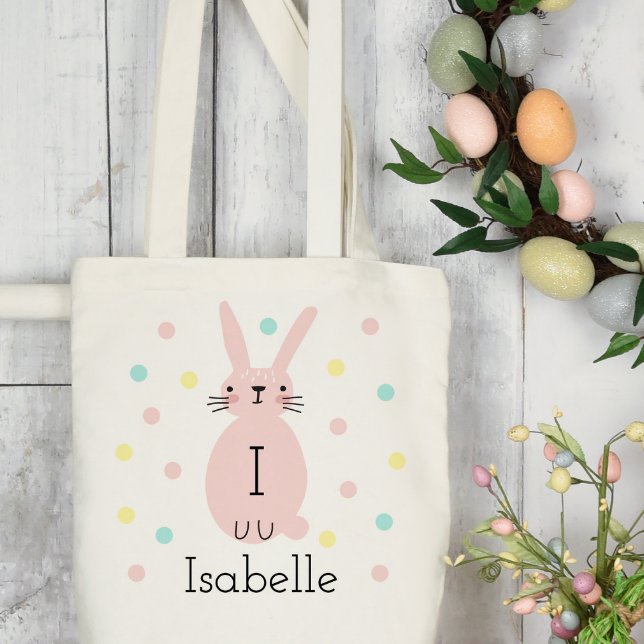 Personalized Pink Easter Bunny Polka Dots Tote Bag (Creator Uploaded)