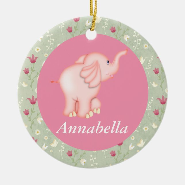 Personalized Pink Elephant Baby Birth Ornament (Front)