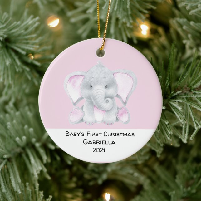 Personalized Pink Elephant Babys First Christmas Ceramic Ornament (Tree)
