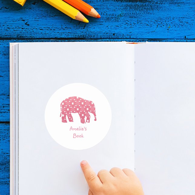 Personalized Pink Elephant Book Plate Classic Round Sticker (Creator Uploaded)
