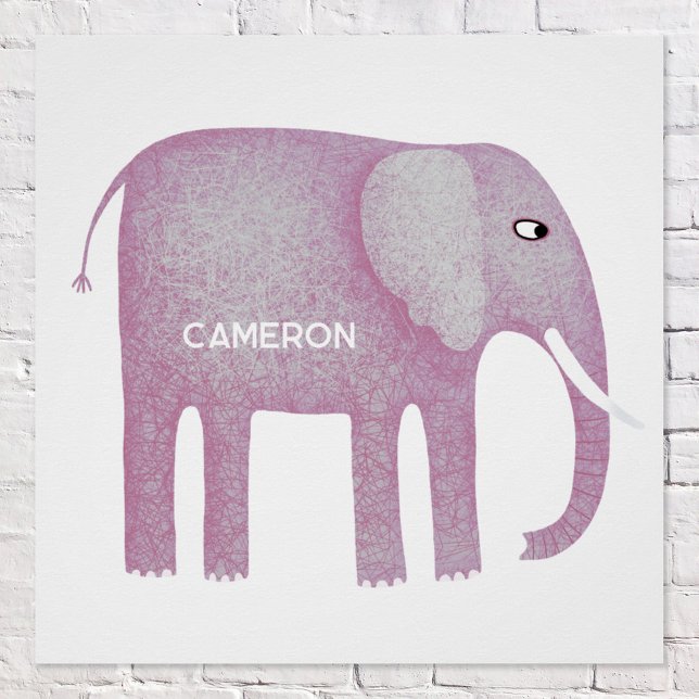 Personalized Pink Elephant Watercolor Poster (Fun personalized kid's name pink elephant nursery decor poster)