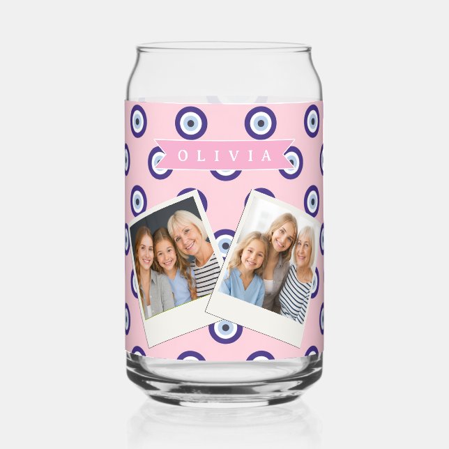 Personalized Pink Evil Eye Pattern Gifts With Name Can Glass (Front)