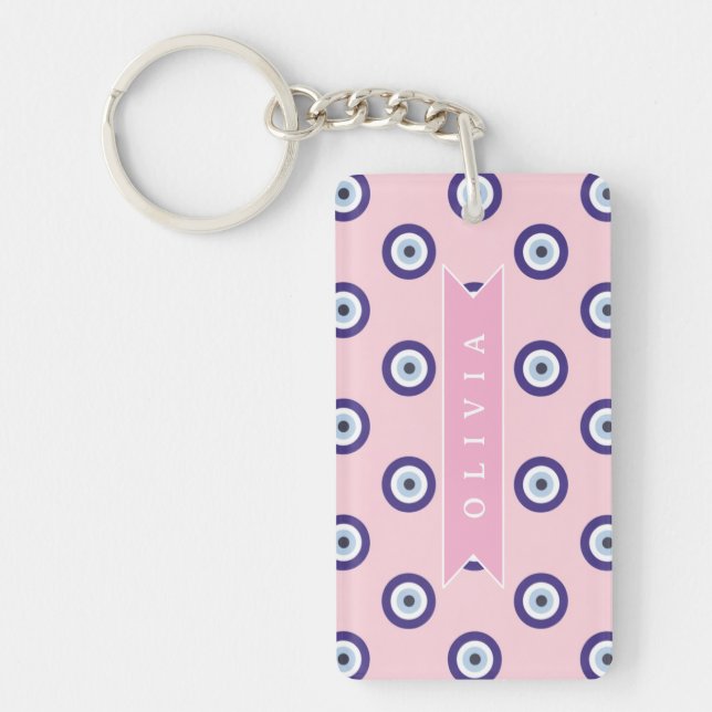Personalized Pink Evil Eye Pattern Gifts With Name Keychain (Front)