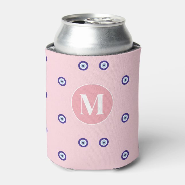 Personalized Pink Evil Eye Pattern Monogram Can Cooler (Can Front)