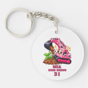 Personalized Pink Excavator Birthday Keychain