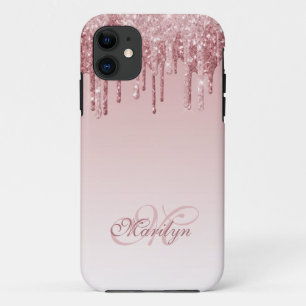 Personalized Pink Fade Glitter Drip with Monogram iPhone 11 Case
