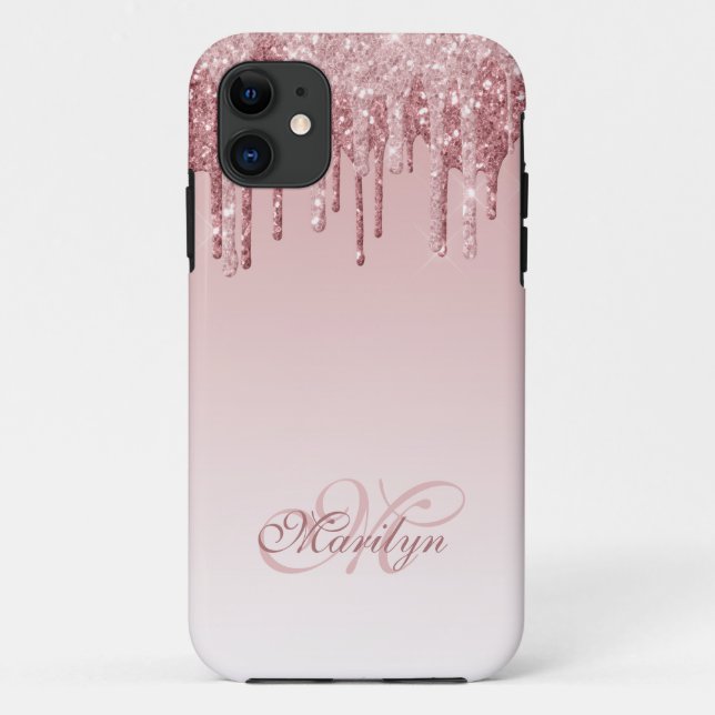 Personalized Pink Fade Glitter Drip with Monogram Case-Mate iPhone Case (Back)