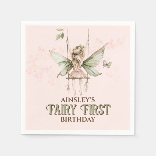 Personalized Pink Fairy First 1st Birthday Party Napkin (Front)