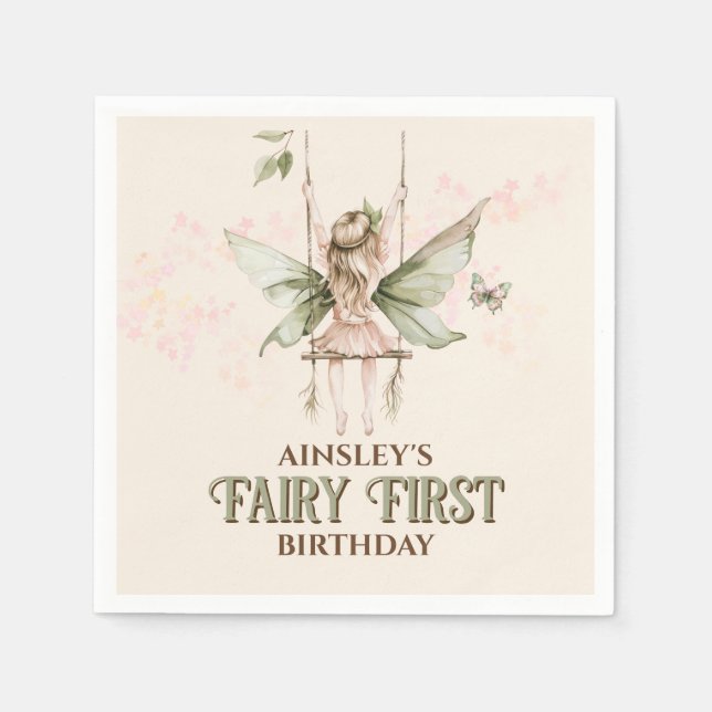 Personalized Pink Fairy First 1st Birthday Party Napkin (Front)
