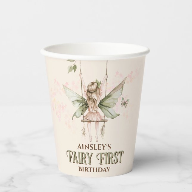 Personalized Pink Fairy First 1st Birthday Party Paper Cups (Front)