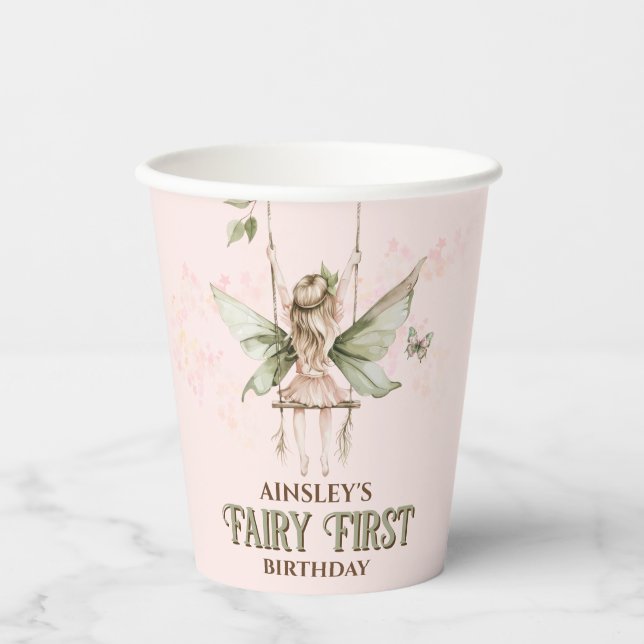 Personalized Pink Fairy First 1st Birthday Party Paper Cups (Front)