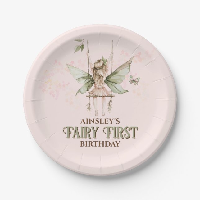 Personalized Pink Fairy First 1st Birthday Party Paper Plate (Front)