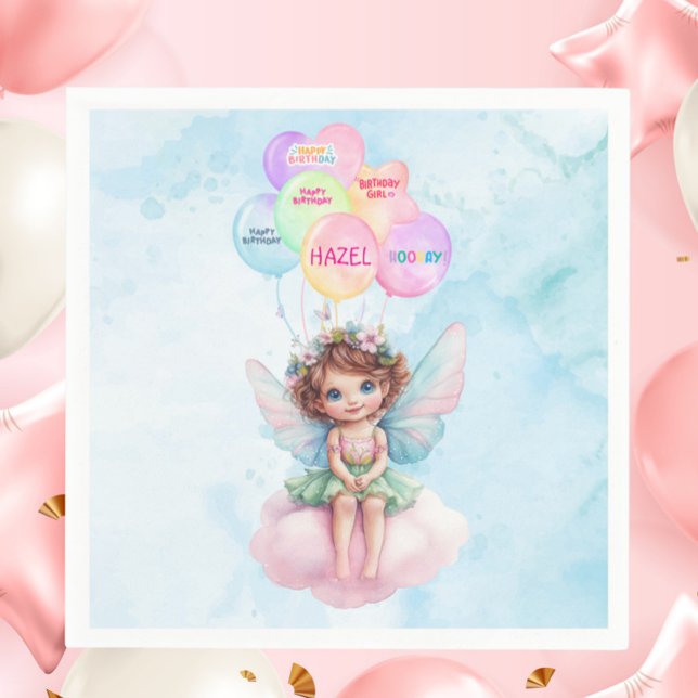 Personalized Pink Fairy on Cloud Birthday Napkin  (Personalized Fairy on a Cloud Birthday Napkin – Pink & Blue Watercolor Party Decor with Balloons

)