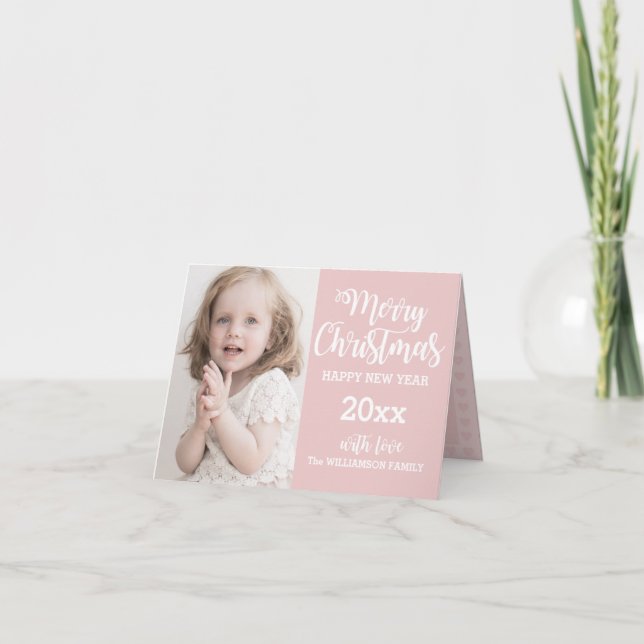 Personalized Pink Family Photo Christmas Card 2017 (Front)