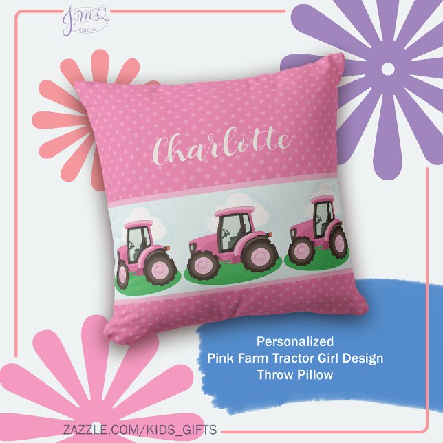 Personalized Pink Farm Tractor Girl Design Throw Pillow (Cute pink farm tractor design with a sweet girly feel and personalized name accent)