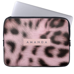 Personalized Pink Faux Fur Leopard Print Laptop Sleeve