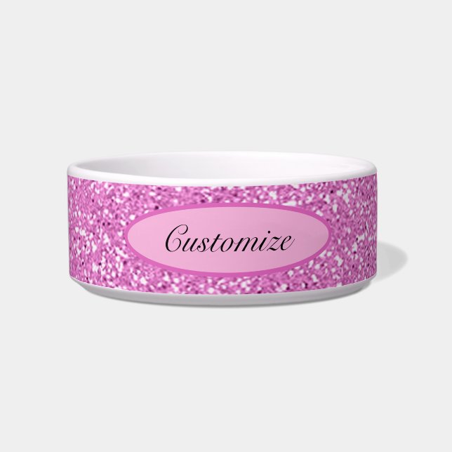 Personalized Pink Faux Glitter Pet Bowl (Front)