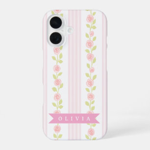 Personalized pink feminine coquette floral striped iPhone 16 case