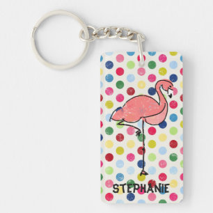Personalized Pink Flamingo Colourful Polka Dots Keychain