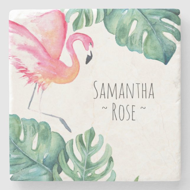 Personalized Pink Flamingo Decor Tropical Stone Coaster (Front)