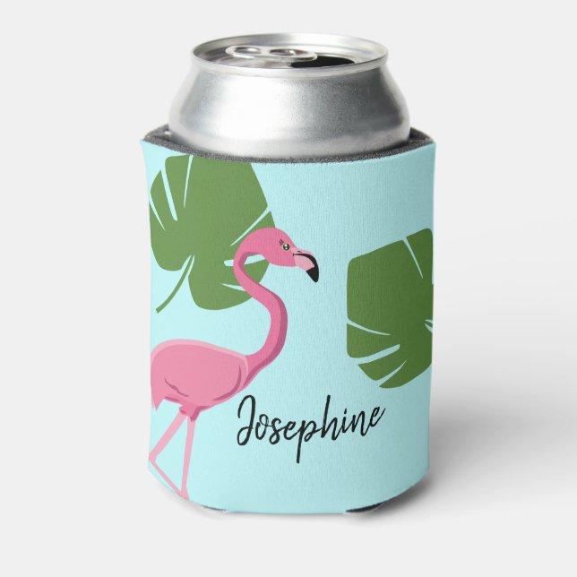 Personalized Pink Flamingo Destination Wedding Can Cooler (Can Back)