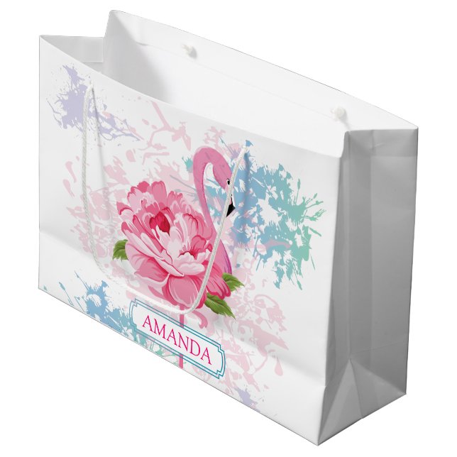 Personalized Pink flamingo Floral design Large Gift Bag (Front Angled)