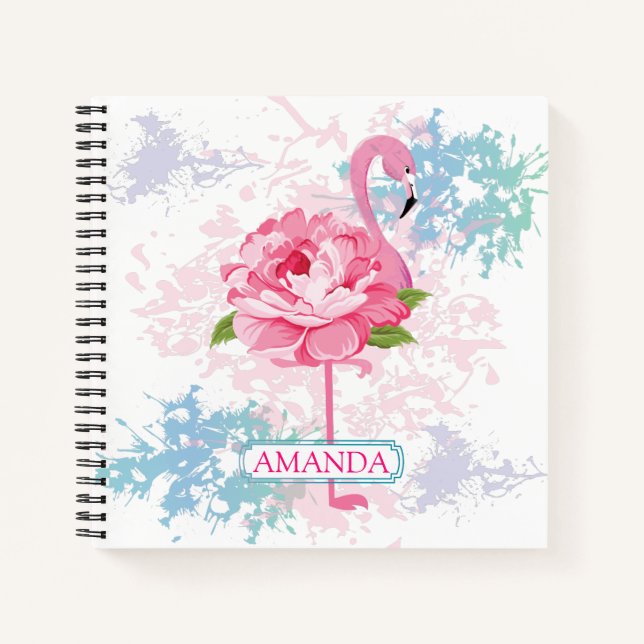 Personalized Pink flamingo Floral design Notebook (Front)