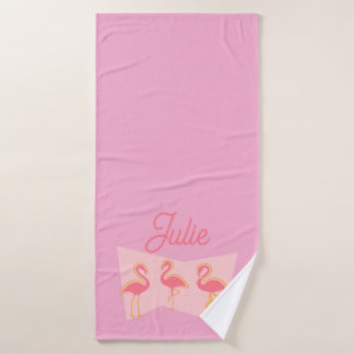Personalized Pink Flamingo Mid-Century Modern Towe Bath Towel Set