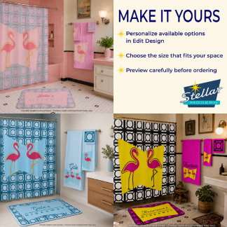Personalized Pink Flamingo Mid-Century Modern Towe Bath Towel Set