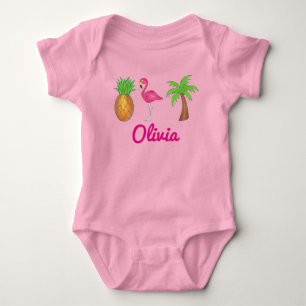 Personalized Pink Flamingo Palm Tree Pineapple Baby Bodysuit