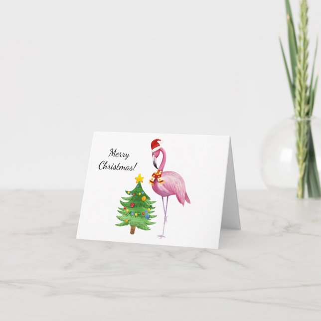 Personalized Pink Flamingo Santa Christmas Card (Front)