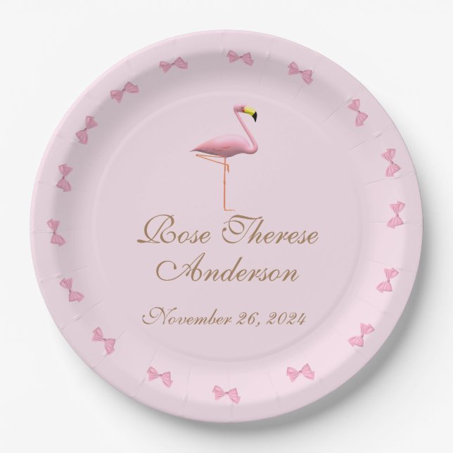 Personalized Pink Flamingo Themed Paper Plate (Front)