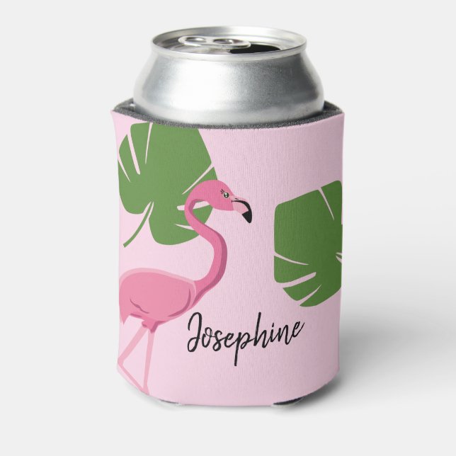 Personalized Pink flamingo Tropical Bridal shower Can Cooler (Can Back)