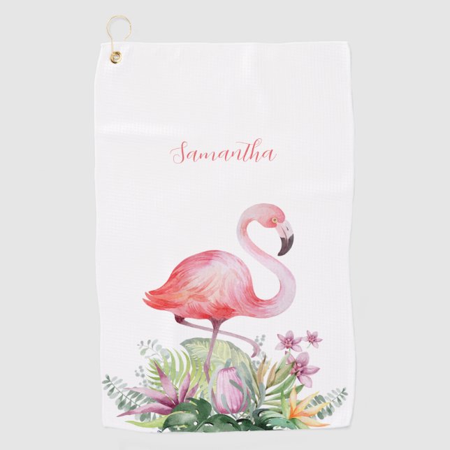 Personalized Pink Flamingo Tropical Golf Towel (Front)