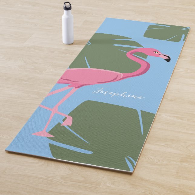 Personalized Pink Flamingo with Tropical Leaves Yoga Mat (In Situ)