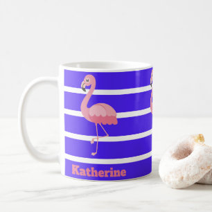 Personalized Pink Flamingos On Blue Stripes Coffee Mug